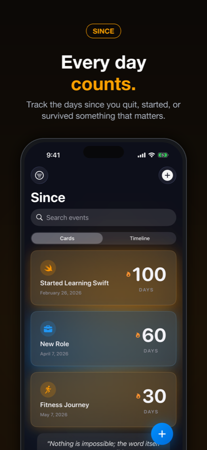 Since app showing a private days since counter with progress cards.